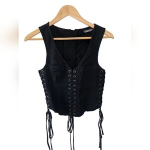 LIP SERVICE RARE Vintage Black Denim Biker Vest Zip In Back Ties In Front Sz S